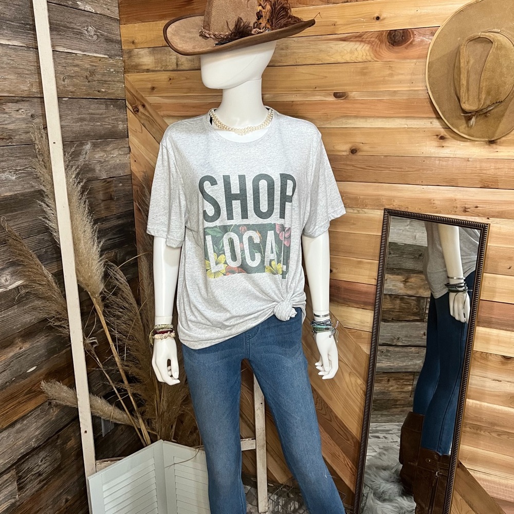 “Shop Local” Floral Graphic T-Shirt in gray!